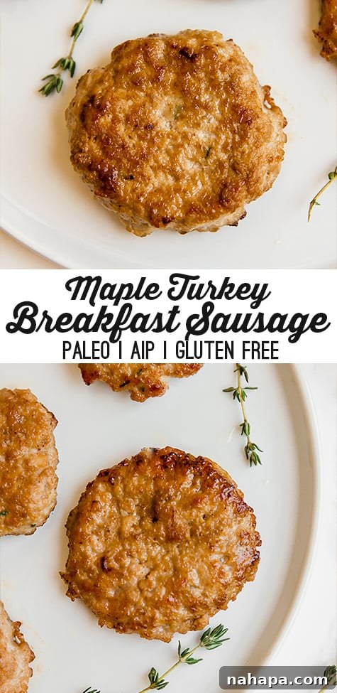 A Pinterest-friendly image displaying homemade turkey maple breakfast sausages with text overlay promoting the recipe.
