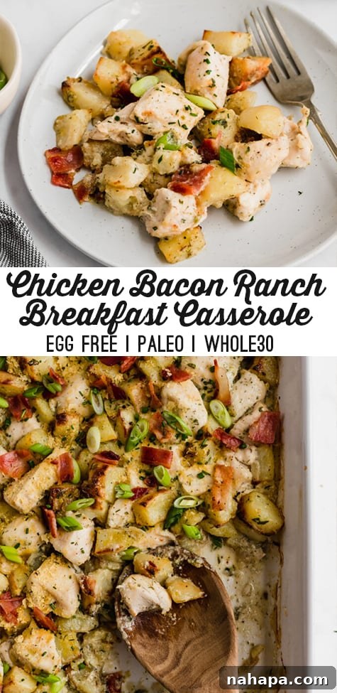 Pinterest graphic for Chicken Bacon Ranch Casserole, with text overlay.