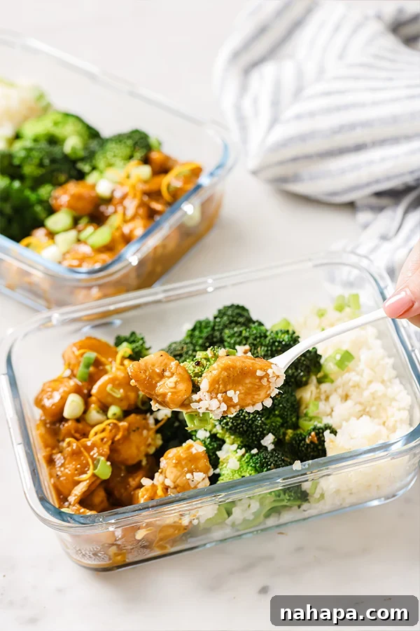 Paleo Whole30 AIP Orange Chicken Make Ahead Meals 6 Close-up of healthy orange chicken meal prep, ready for a healthy lunch