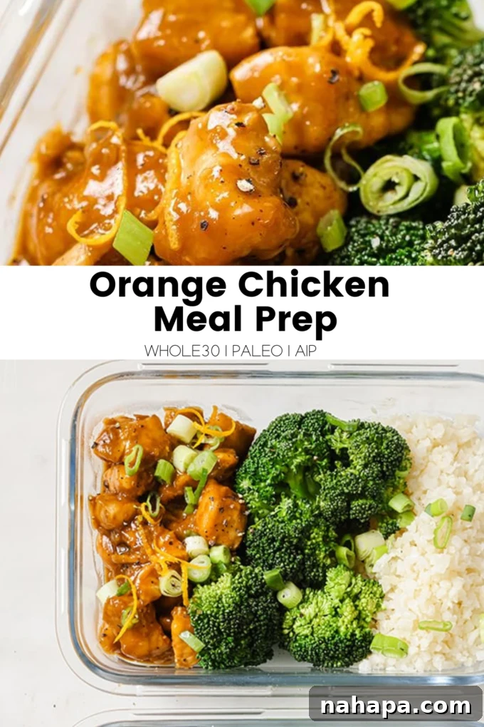 Paleo Whole30 AIP Orange Chicken Make Ahead Meals 8 Full spread of orange chicken meal prep containers with vibrant ingredients