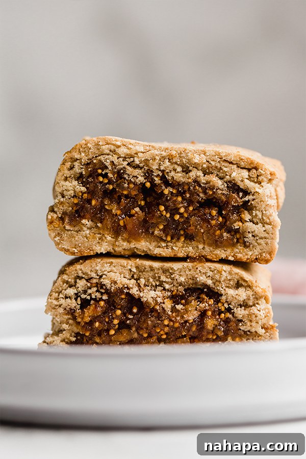 A plate of freshly baked homemade fig newtons, showcasing their golden crust and visible fig filling.