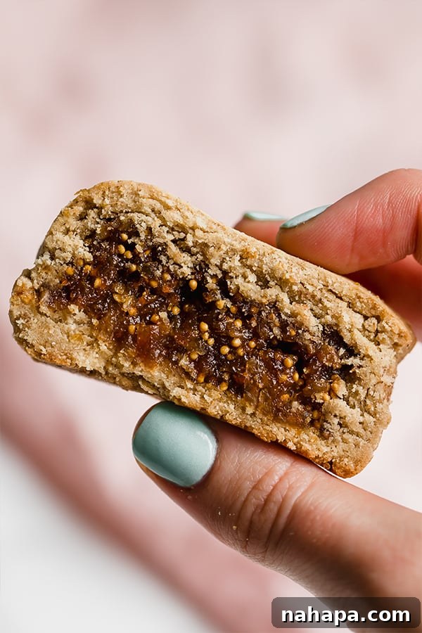 A hand holding a homemade gluten free fig newton in it.