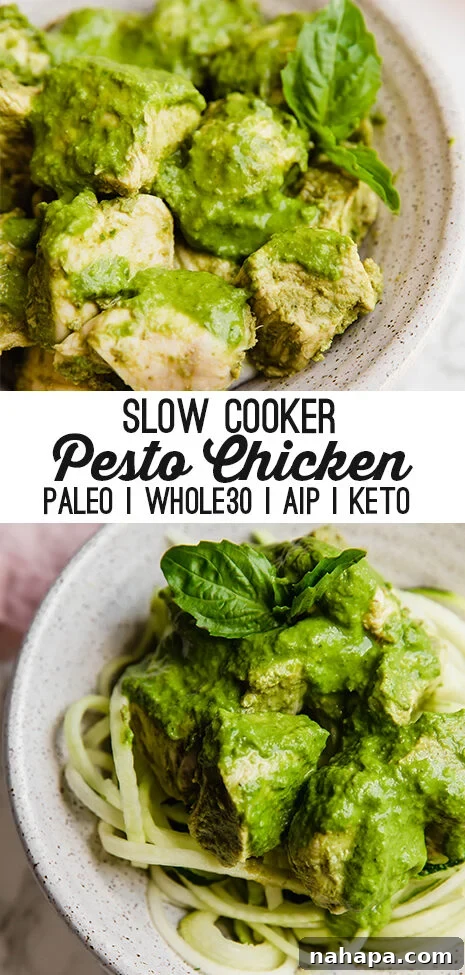 Pin graphic for Slow Cooker Chicken Pesto, highlighting its keto, paleo, whole30, and AIP compliance