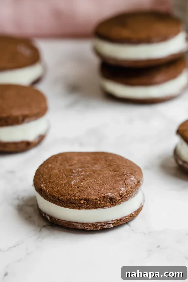 Two homemade Oreo cookies, one stacked on top of the other, revealing the rich chocolate cookie and white cream filling.