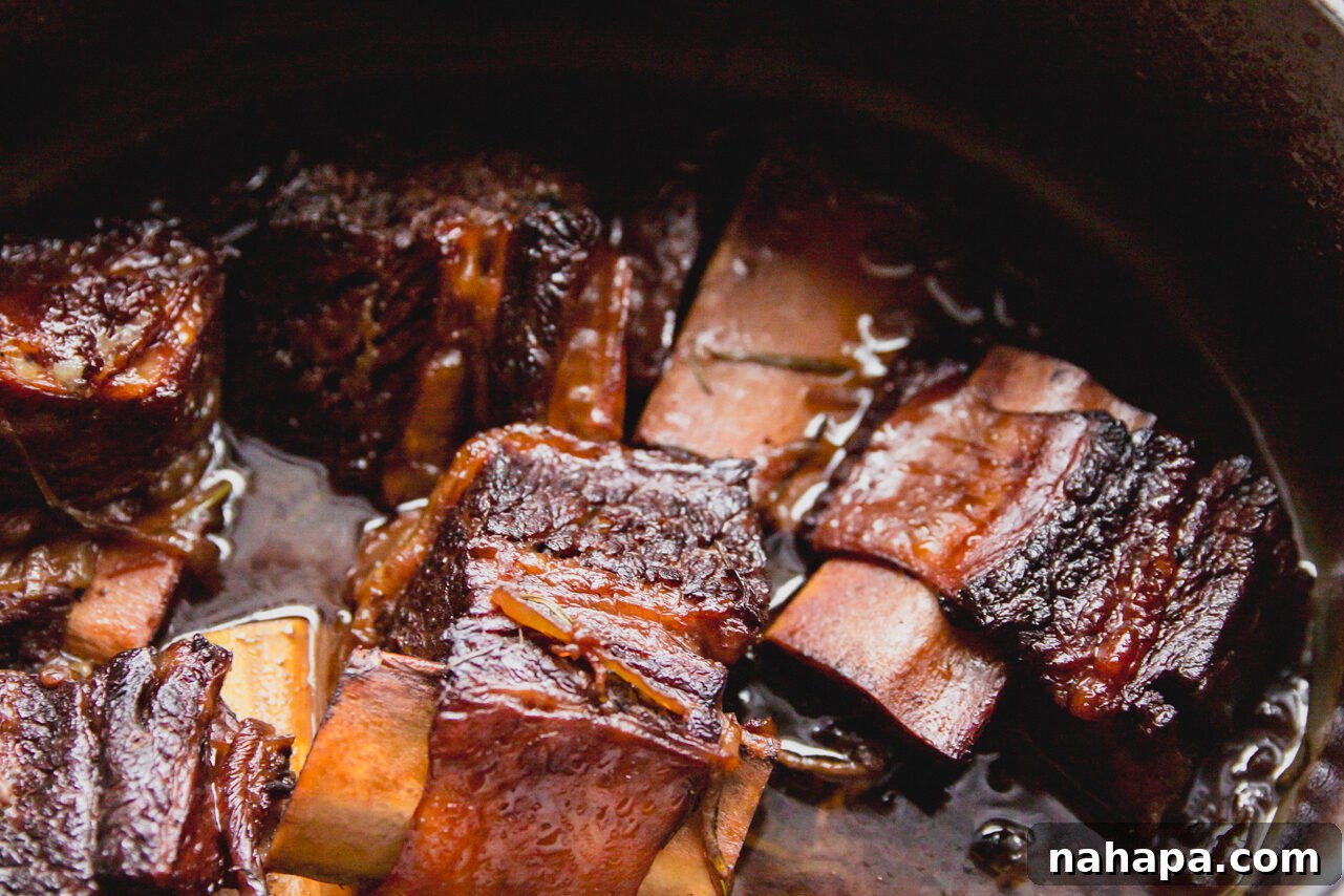 Short ribs in the Dutch oven after cooking.