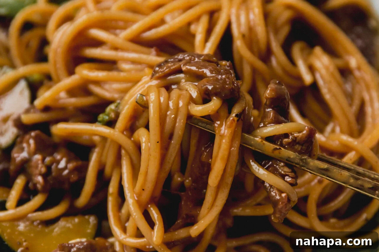 The completed gluten-free beef noodle stir fry in a large bowl, featuring a mix of cooked gluten-free spaghetti, browned flank steak, and stir-fried vegetables generously coated in a dark, savory sauce.
