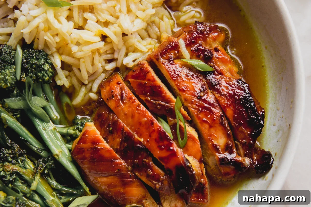 Sunshine-Spiced Chicken and Rice Broth 7 A beautifully composed bowl of sliced chicken thighs, broccolini, and rice, generously drizzled with turmeric broth and garnished with green onions.