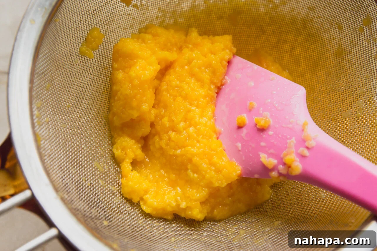 A spatula pushing down the mango orange juice mixture to seperate the pulp and juice.