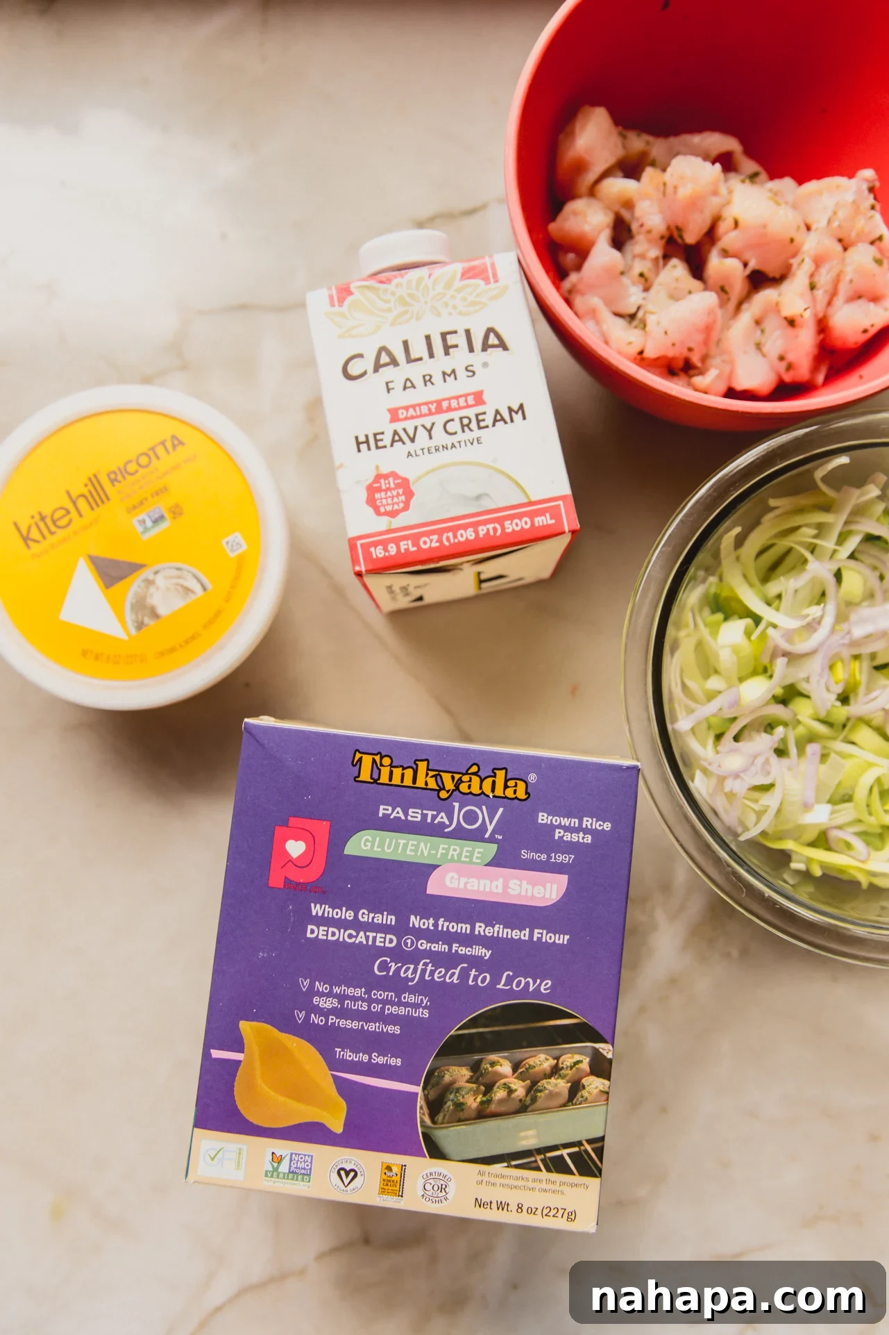 Luscious Dairy-Free Chicken Stuffed Shells 4 The main ingredients for making creamy chicken stuffed shells.