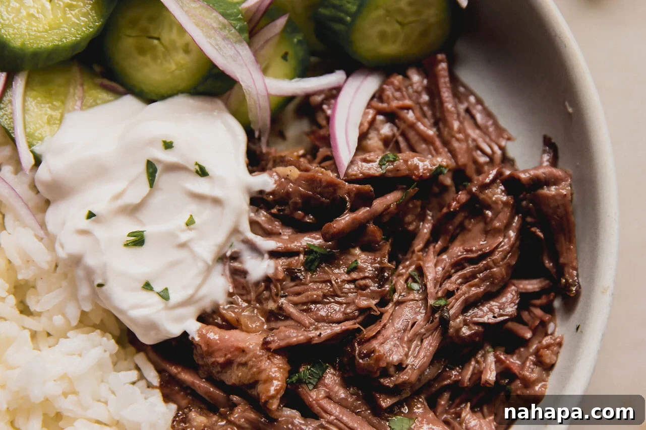 A white ceramic bowl filled with succulent Mediterranean pot roast, accompanied by fresh cucumber and fluffy rice, ready to be enjoyed.