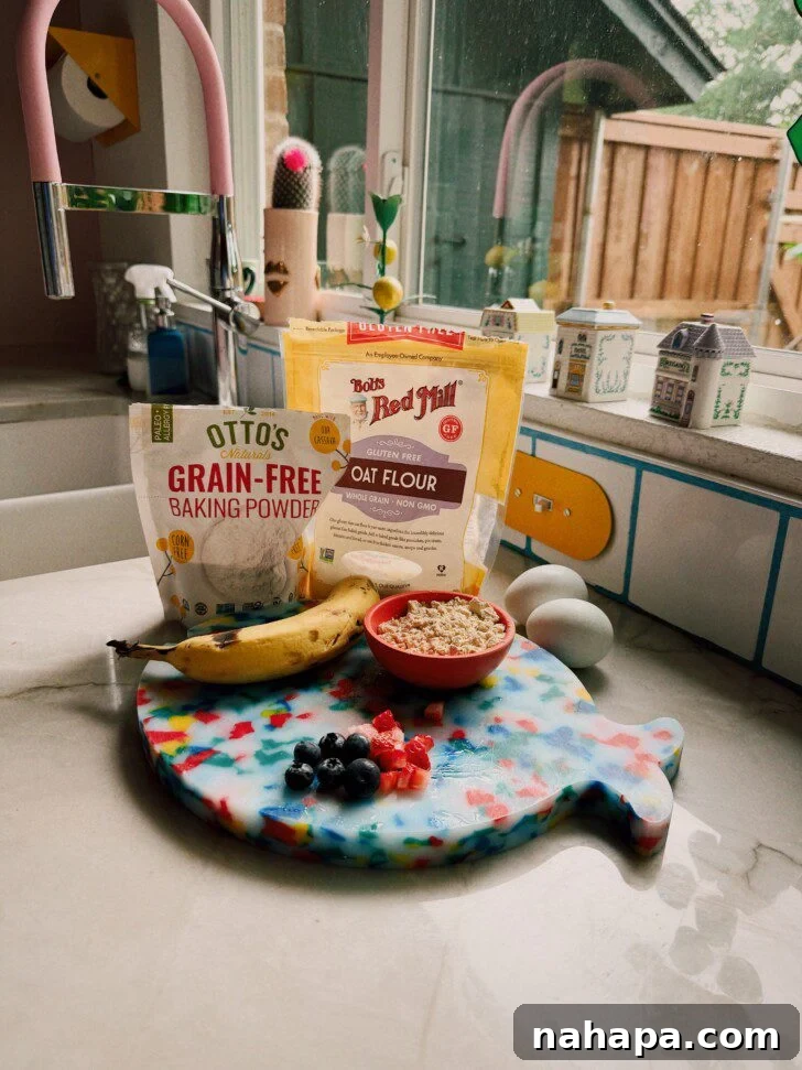 Berry protein breakfast cake ingredients laid out.