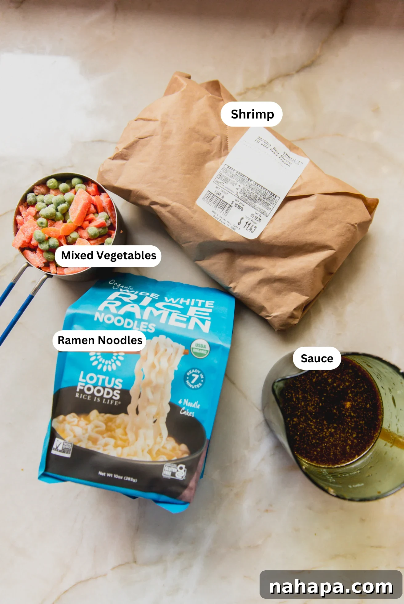 All the ingredients needed to make the shrimp ramen noodle bake before cooking begins.