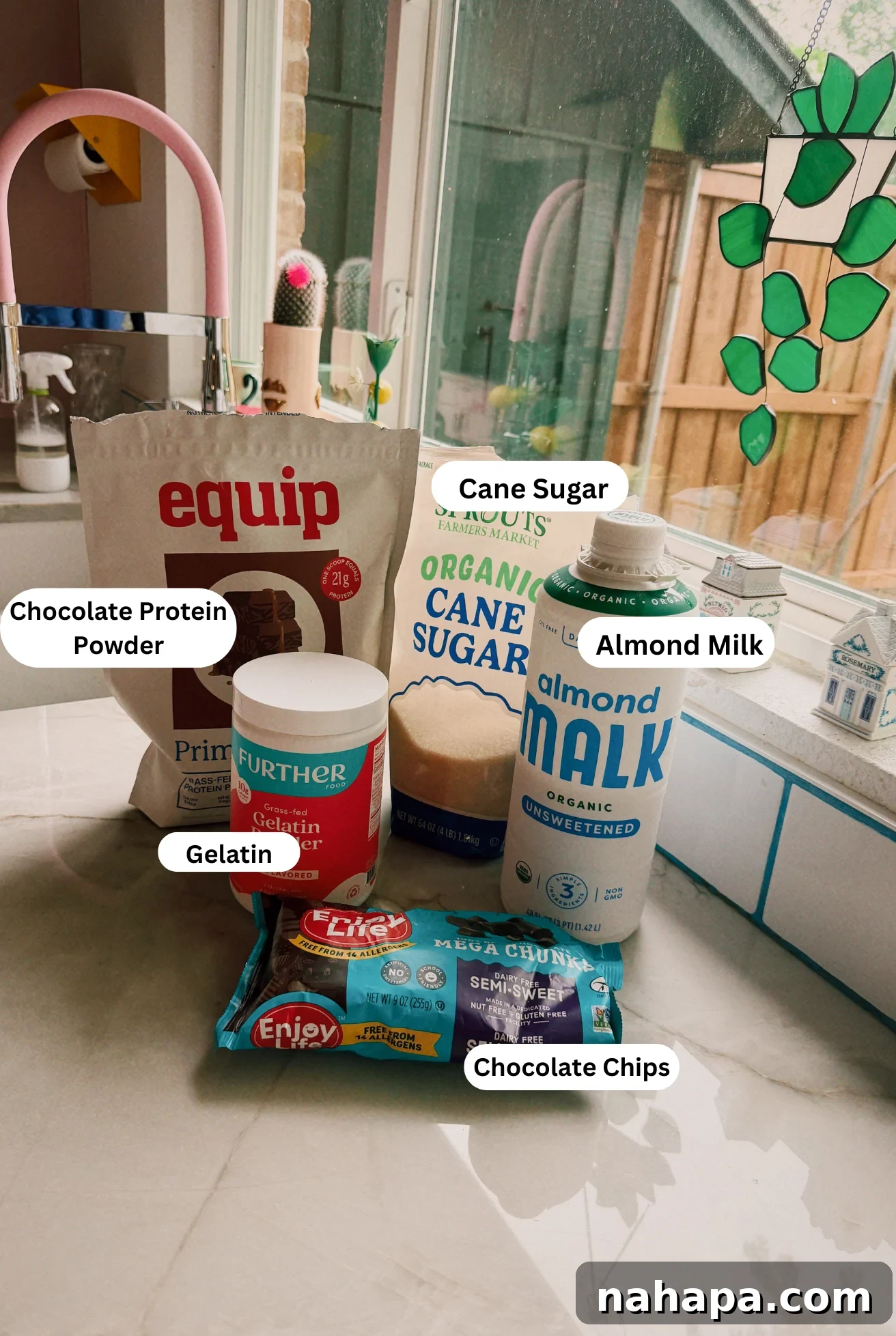 Ingredients for chocolate marshmallow protein bars.