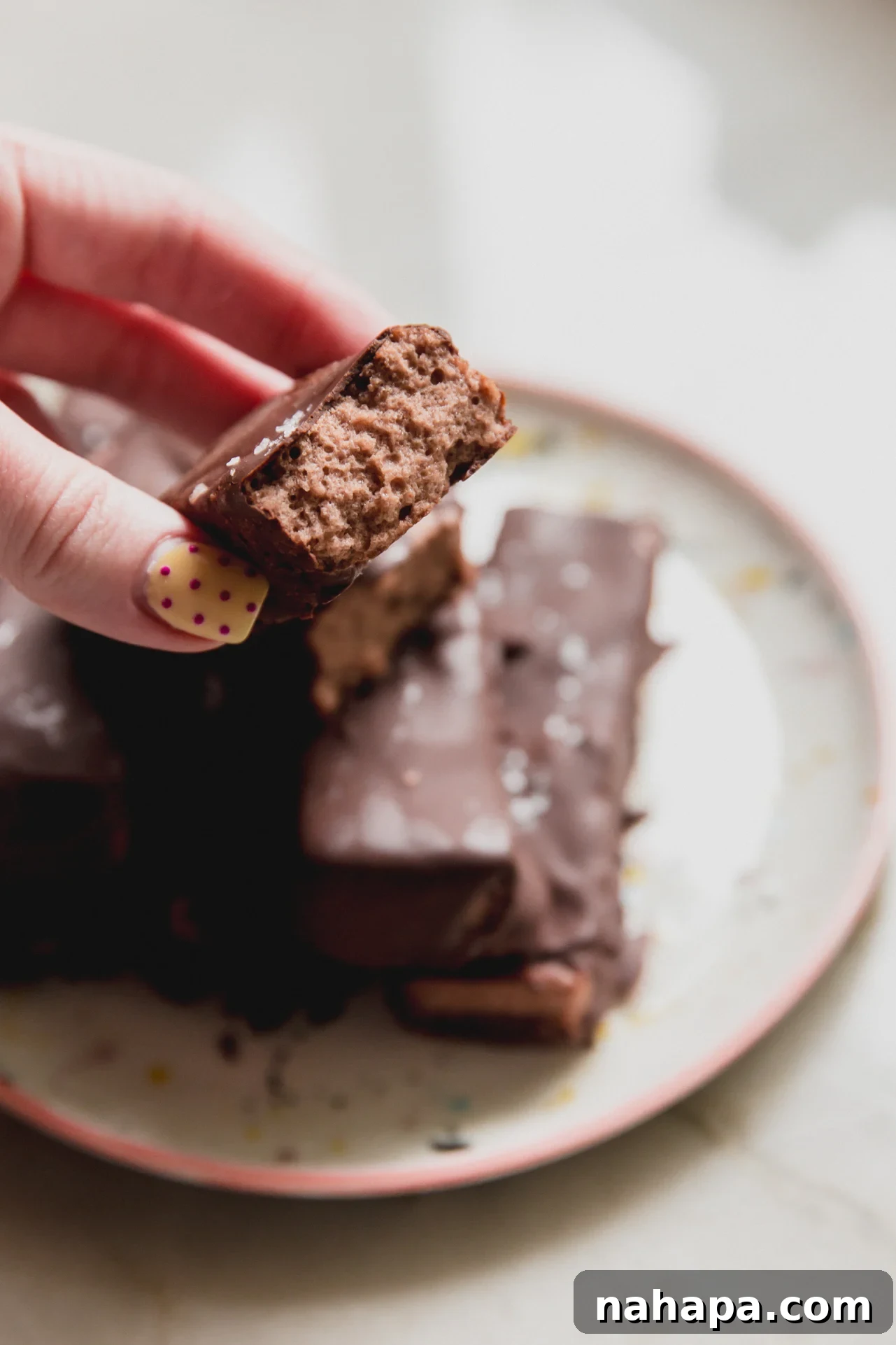 Brownie marshmallow protein bars on a plate with one cut in half and being held.