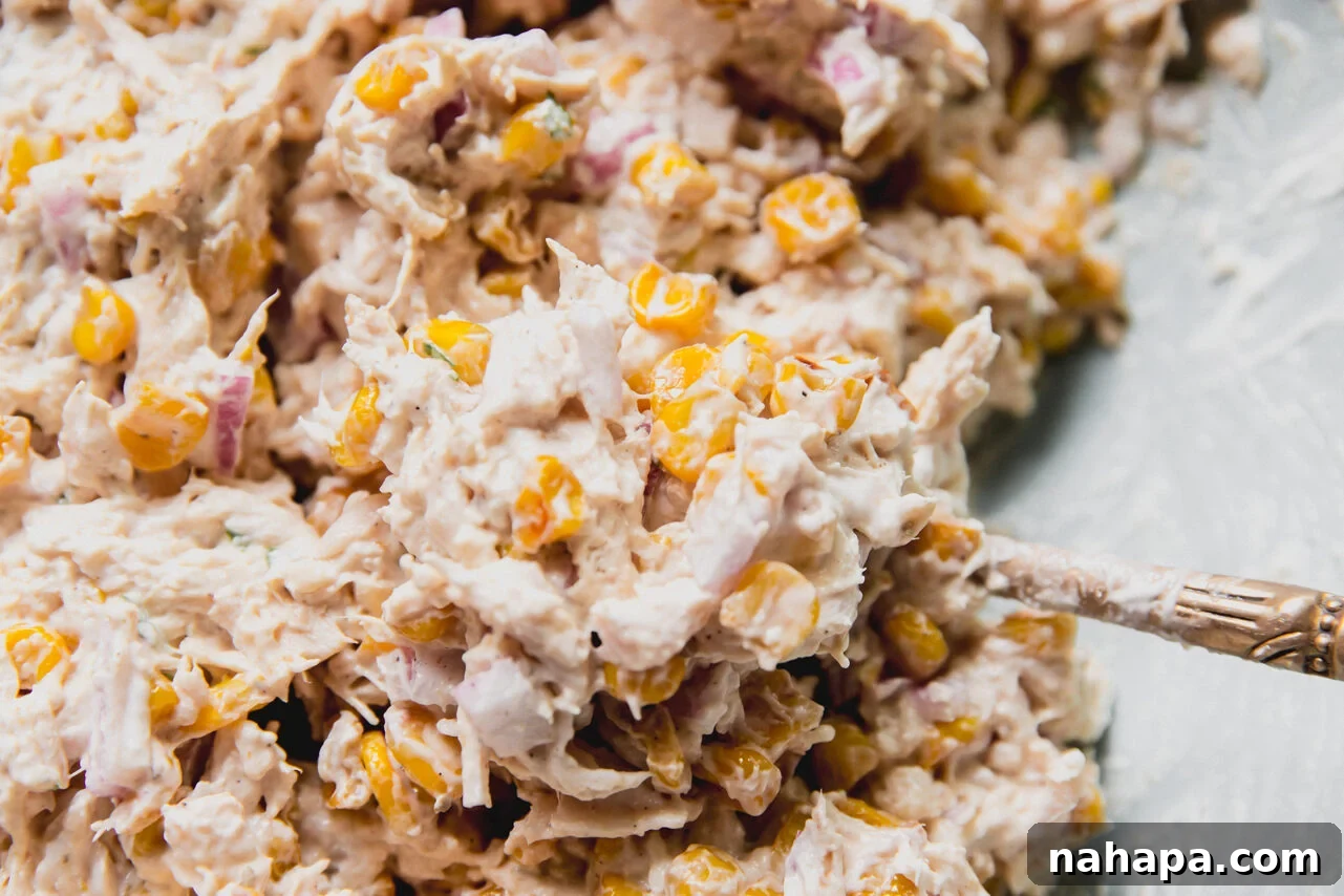 Mexican Street Corn Chicken Salad Recipe for Summer BBQs 7 The street corn chicken salad after mixing.