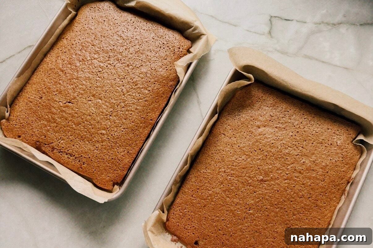 Two rectangular cake pans with baked cake.