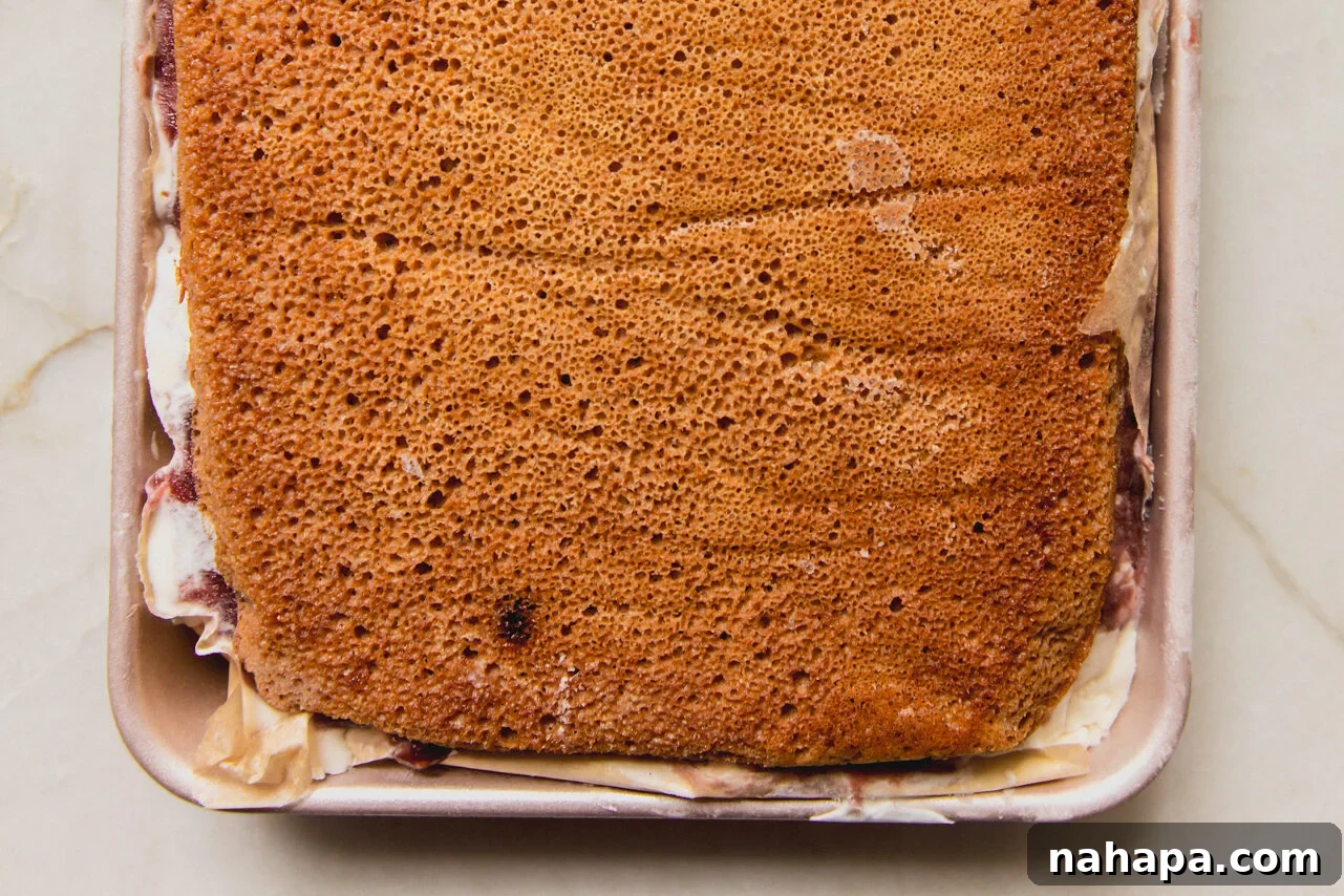 Ice cream cake in a rectangular pan.