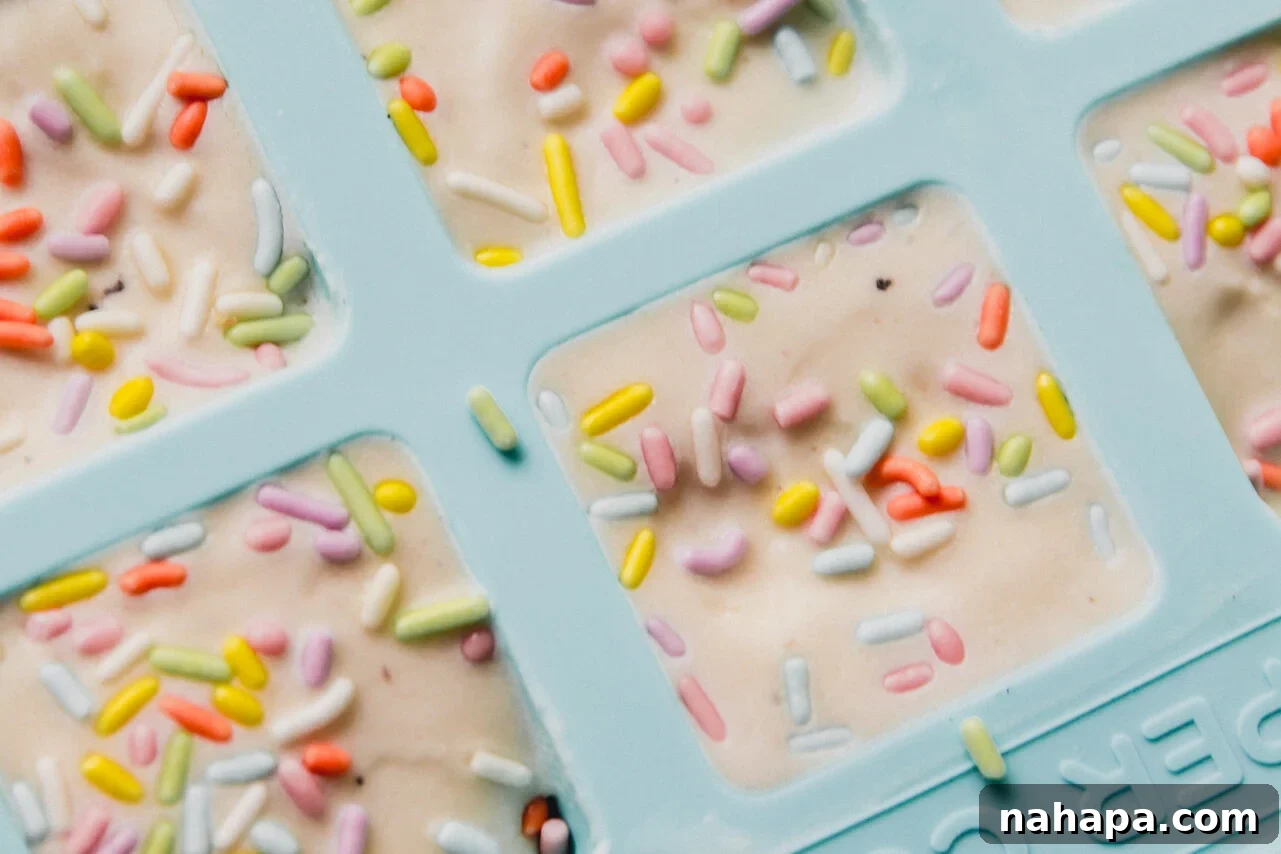 The finished ice cream cake bites after sprinkles added and frozen solid before being removed from the mold.