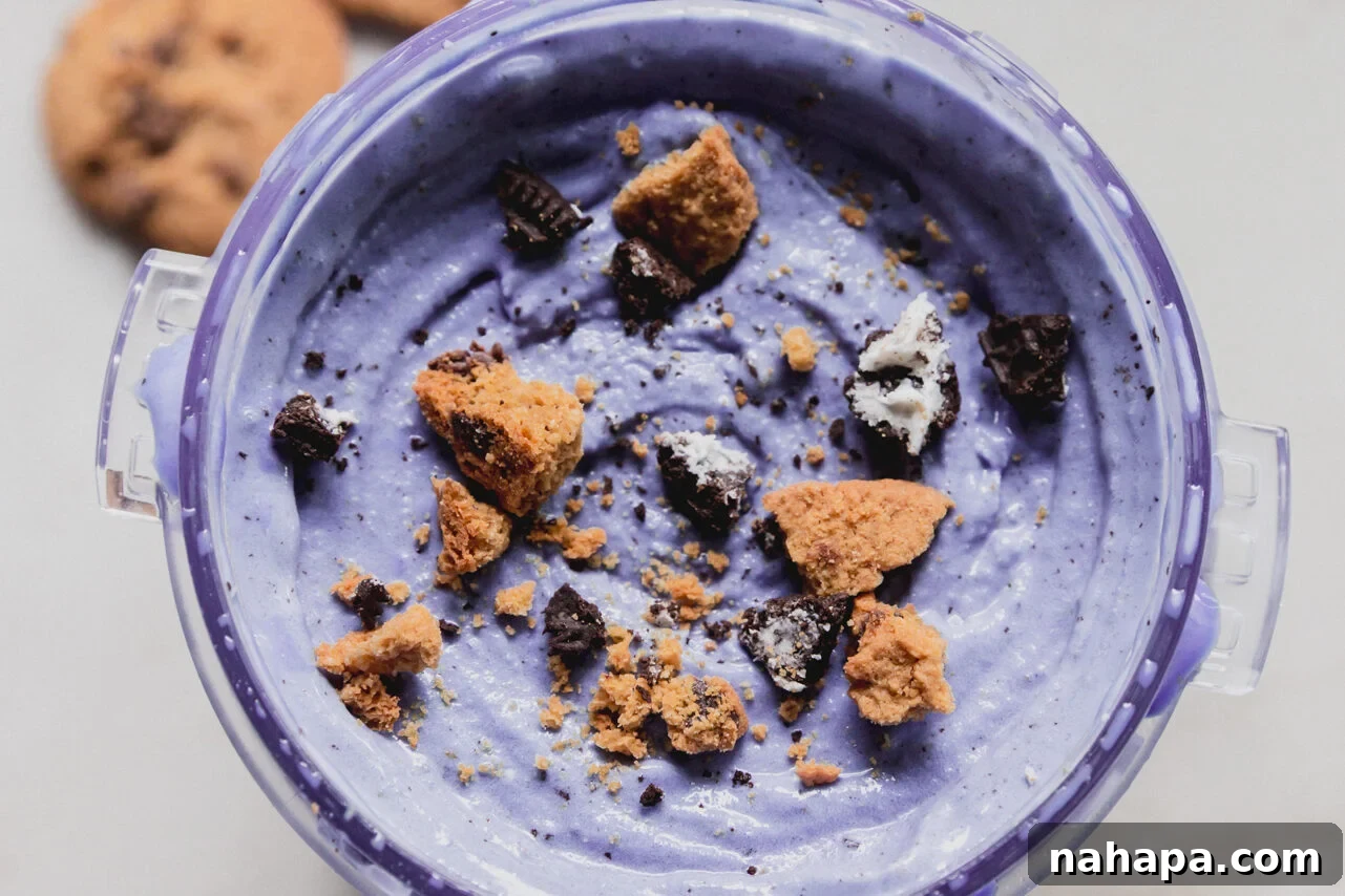 Ninja Creami Protein Cookie Monster Ice Cream Recipe 6 Blue cookie Monster Ice Cream topped with cookie crumbles in a ninja creami container.
