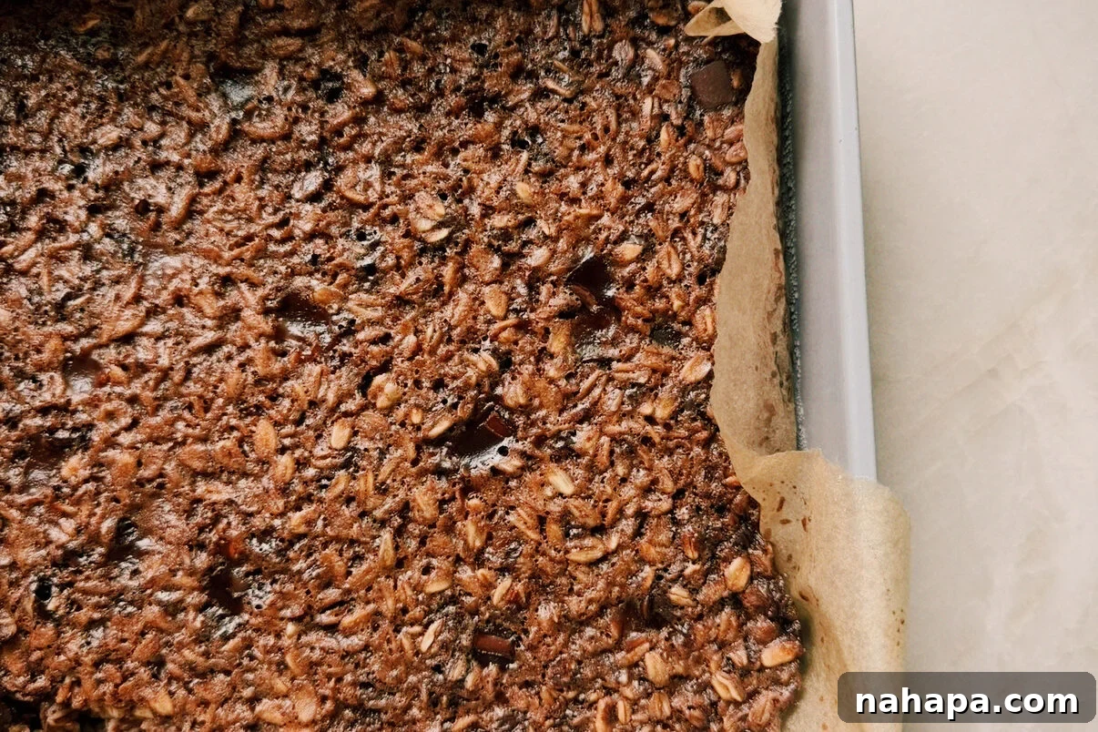 The baked oats in a baking pan after baking.